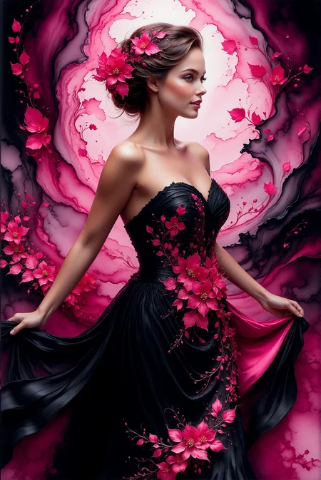 <lora:AISIL_style:1.0> AISIL style digital artwork with intricate, volumetric and vibrant background.
This features a woman in an elegant pose, holding the edges of her black gown adorned with vibrant pink floral embellishments. The dress flows dramatically, merging into swirling pink and black ink-like patterns that extend into the background, creating a dynamic sense of motion. Her head is slightly tilted to the side, with her hair flowing freely, enhanced with pink floral details. The lighting is focused, highlighting her face and the vibrant pink accents, while the darker tones create contrast and depth.
