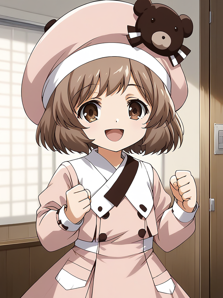 score_9, score_8_up, score_7_up, source_anime, rating_explicit, BREAK  <lora:Amatsuka_Sakura_Ver2.0_XL:1> AmatsukaSakura, brown hair, short hair, brown eyes, bangs, hat, chibi, smile,
1girl, solo, smile, open mouth, looking at viewer, :d, clenched hands, indoors,  upper body, long sleeve, light pink dress,
room, flooring,