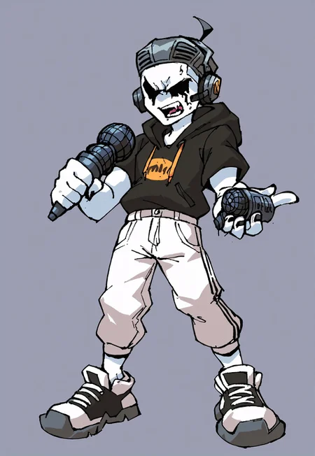 solo, holding microphone, standing, full body, source_cartoon, score_9, score_8_up, score_7_up, gm_cold_districts_type, simple background