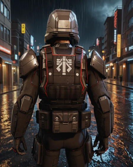 score_9, score_8_up, score_7_up, rating_questionable, intricately detailed,
1boy(
<lora:Advent_Trooper_XCOM_2:0.8>,
adv_trooper_arm0r, adv_trooper_he1met, cowboy shot, solo, back view),
rain, wet street, wet, science fiction city, futuristic buildings, high rises, on a road, at night, darkness, rainfall, dark theme,
depth of field, detailed background,
<lora:ral-chrosc-clr:0.5>, ral-chrosc-clr,
<lora:Expressive_H:0.5>, expessiveH,
<lora:xl_more_art-full_v1:0.3>,
<lora:add-detail-xl:0.3>