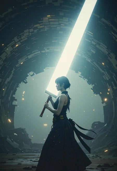 A cinematic shot captures a terribly beautiful, yet expertly lethal biosynthetic humanoid woman wielding an unbelievably massive sword that is more than twice her own size. She moves with finesse and grace, the giant blade seeming like an extension of herself as she swings it through the air. With bright, mesmerizing synthetic eyes and white matte translucent ethereal skin, this biosynthetic humanoid was designed to kill but is reminiscent of a dance when wielding her sword. The scene takes place in an uncertain environment where unknown elements swirl around her, emphasized by backlighting that creates a dramatic and atmospheric glow. Her intense focus radiates off her, making it evident she's truly at home in this role while maintaining subtle hints of happiness. This captivating image is rendered with soft diffused lighting, gentle highlight diffusion, muted reflections, soft-focus translucency, as well as intricate details like visible pore structure and subtle light scattering, creating an overall hauntingly beautiful effect that leaves a lasting impression on the viewer., <lora:Ethereal Brush Anime v2.0:0.308>,<lora:apoclypse02-style-000019:0.44> apoclypse,<lora:FluxDeathW40K:0.432> DeathW40K, <lora:ssw:0.75> giant sword
