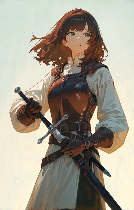 1girl,solo,swordsman,(old:1.1),brown hair,medium hair,green_eyes,holding_sword,holding_whetstone,Polish sword with a whetstone,belt,sheath hanging from the belt,(Leather armor:1.1),(dilapidated_clothes:1.1),leather_gloves,faux_traditional_media,(impasto:0.8),Cinematic Lighting,cinematic_angle,from_side,(sideways_glance:1.1),simple background,blurry,best quality,masterpiece,absurdres,(medieval:1.1),<lora:rafaelaaa:0.8>,