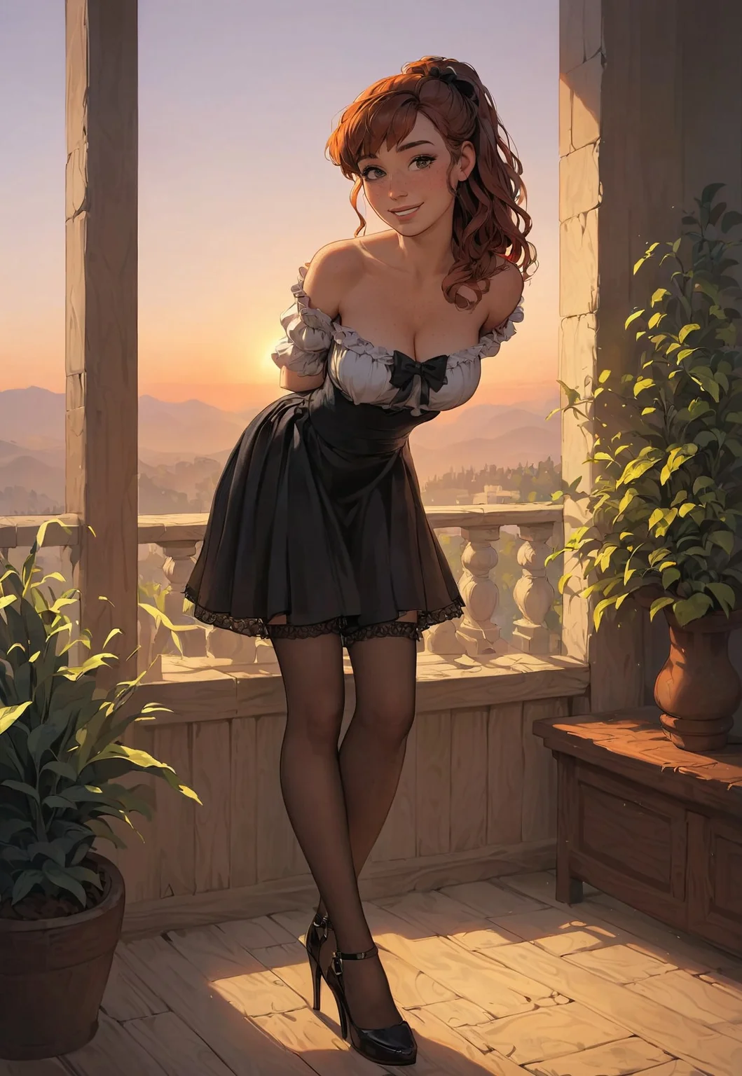 safe_pos, (masterpiece), best quality, score_9, score_8_up, score_7_up,source_ anime, uncensored, 
rating_questionable, (source_cartoon:0.7), source_ anime, uncensored, outdoor, sunset, perfect face, detailed face. 
1girl, 

brown hair, high ponytail, black hair tie, wavy hair, bangs, strands of hair, expressive brown eyes, freckles, soft smile, youthful face, off-shoulder blouse, ruffled neckline, bow on chest, white blouse, form-fitting skirt, black skirt, mid-thigh skirt, sheer black stockings, black mary janes, mary jane heels, leaning forward, hands behind back, subtle playful pose, inviting expression, approachable demeanor, confident posture, gentle smile, modern lobby, corporate building, clean walls, reception counter, potted plants, soft lighting, natural light, calm atmosphere, professional setting, collarbones, shoulders visible, slender figure, curves emphasized, elegant outfit, soft glow, warm appearance, polished heels. (Nikki),