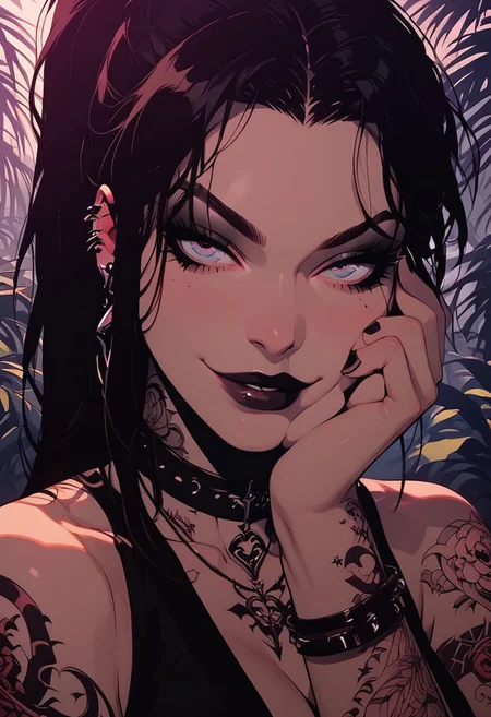Score_9, Score8_up, Score_7_up, (((High Resolution, Best Quality))), 
1girl, solo, covered in tattoos, 
Goth, ponytail, pelvic curtain, choker, bracelet, necklace, 
Large breasts, large ass, toned legs, 
seductive pose, slutty pose, hand on face, kiss, beautiful, 
seducing, seductive, flirty, tender, loving, smirk,
Outside, tropical beach, 
Looking at viewer, Close up, Chiaroscuro Lighting Style, partially covered in shadow, ((silhouette, shadow)),
