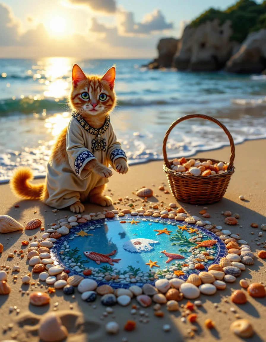 An anthropomorphic cat stands on a sunlit beach, crafting a breathtaking mosaic using an assortment of vibrant seashells. The catâs fur shimmers in the golden light of the setting sun, and its artistic focus is evident in the gentle flick of its tail and the intense gleam in its eyes. It wears a loose, flowing tunic adorned with nautical patterns, and a shell-studded band wraps around its wrist, holding tiny tools like tweezers and a brush for delicate work. The mosaic sprawls across a smooth, flattened stretch of sand, depicting an underwater sceneâa coral reef teeming with marine life, created entirely from conchs, cowries, nautilus spirals, and fragments of scallops. Shells of various colors and textures form intricate patterns: mother-of-pearl highlights the waves, polished spirals outline fish, and darker shells define the coral shapes. Behind the cat, the ocean glimmers with bioluminescent blues, and the rhythmic sound of waves provides a serene backdrop. Nearby, a wicker basket overflows with shells yet to be used, showcasing the catâs dedication to turning natureâs treasures into a masterpiece,    <lora:Hocus Pocus:1>,  <lora:aidmaFLuxPro1.1_v0.3:0.7> aidmafluxpro1.1