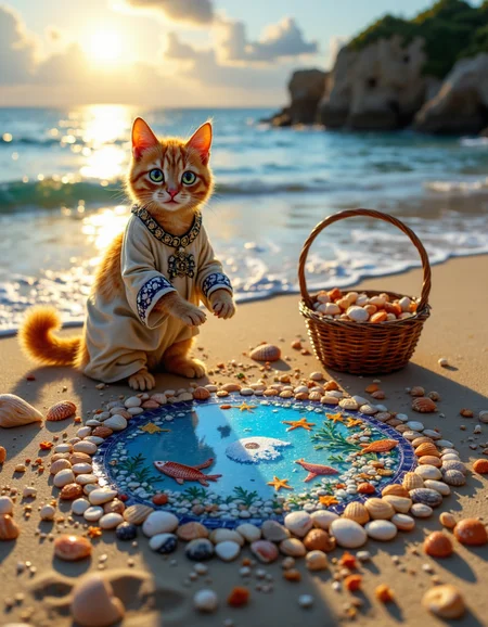 An anthropomorphic cat stands on a sunlit beach, crafting a breathtaking mosaic using an assortment of vibrant seashells. The catâs fur shimmers in the golden light of the setting sun, and its artistic focus is evident in the gentle flick of its tail and the intense gleam in its eyes. It wears a loose, flowing tunic adorned with nautical patterns, and a shell-studded band wraps around its wrist, holding tiny tools like tweezers and a brush for delicate work. The mosaic sprawls across a smooth, flattened stretch of sand, depicting an underwater sceneâa coral reef teeming with marine life, created entirely from conchs, cowries, nautilus spirals, and fragments of scallops. Shells of various colors and textures form intricate patterns: mother-of-pearl highlights the waves, polished spirals outline fish, and darker shells define the coral shapes. Behind the cat, the ocean glimmers with bioluminescent blues, and the rhythmic sound of waves provides a serene backdrop. Nearby, a wicker basket overflows with shells yet to be used, showcasing the catâs dedication to turning natureâs treasures into a masterpiece,    <lora:Hocus Pocus:1>,  <lora:aidmaFLuxPro1.1_v0.3:0.7> aidmafluxpro1.1