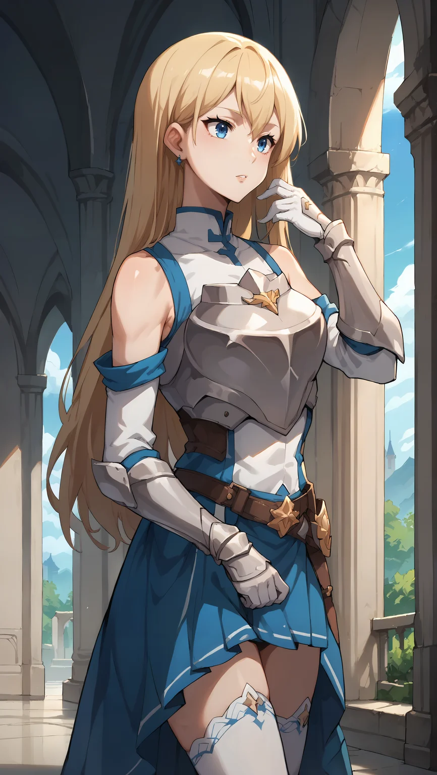 score_9,score_8_up,score_7_up,score_6_up, source_anime, zPDXL, <lora:xl_more_art-full_v1:0.5>, <lora:Wakfu_CartoonV02:0.5>, girl, long hair, blonde hair, blue eyes, blue and white armor, breastplate, blue miniskirt, bare shoulders, detached sleeves, white gloves, white thighhighs, <lora:Roxy Hart - Pony-000004:0.7>, one arm behind her head, castle, interior, hallway,
