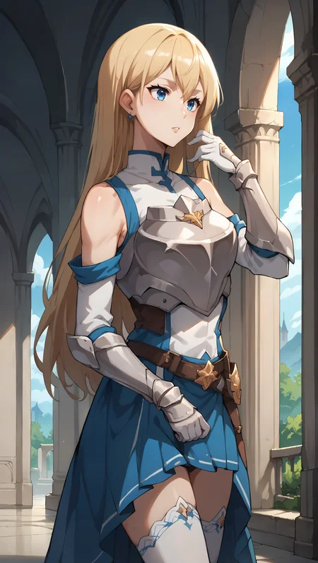 score_9,score_8_up,score_7_up,score_6_up, source_anime, zPDXL, <lora:xl_more_art-full_v1:0.5>, <lora:Wakfu_CartoonV02:0.5>, girl, long hair, blonde hair, blue eyes, blue and white armor, breastplate, blue miniskirt, bare shoulders, detached sleeves, white gloves, white thighhighs, <lora:Roxy Hart - Pony-000004:0.7>, one arm behind her head, castle, interior, hallway,