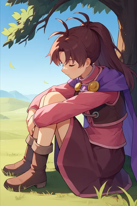 score_9, score_8_up, score_7_up, score_6_up, source_anime, BREAK 1girl, solo, <lora:gsjenna-pdxl-nvwls-v1-000005:1> gsJenna, brown hair, ponytail, antenna hair, purple cape, vest, pink shirt, long sleeves, brown skirt, boots, blue sky, sitting, on ground, hugging own knees, from side, tree, field