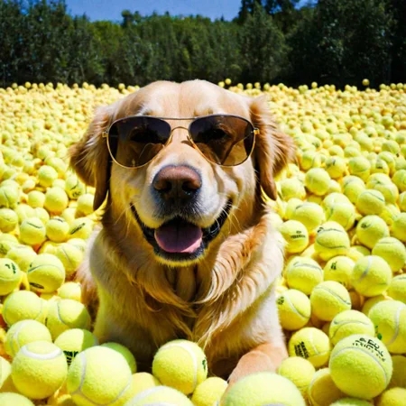 A portrait of a happy golden retriever sitting in a mountain of tennis balls, wearing sunglasses, beautiful summer day, found photo, ((year
1995)), polaroid film photography, soft focus, high quality, sharp image, (film grain: 1.4), analog style, shot with Kodak 400: 1.3)