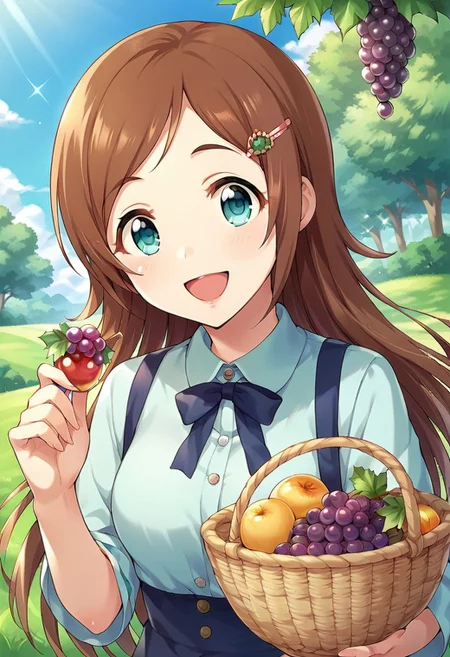 score_9, score_8_up, score_7_up, source_anime,imura setsuna, long hair, brown hair, aqua eyes, 1girl, solo, fruit, food, grapes, hair ornament, open mouth, looking at viewer, basket, hairclip, smile
