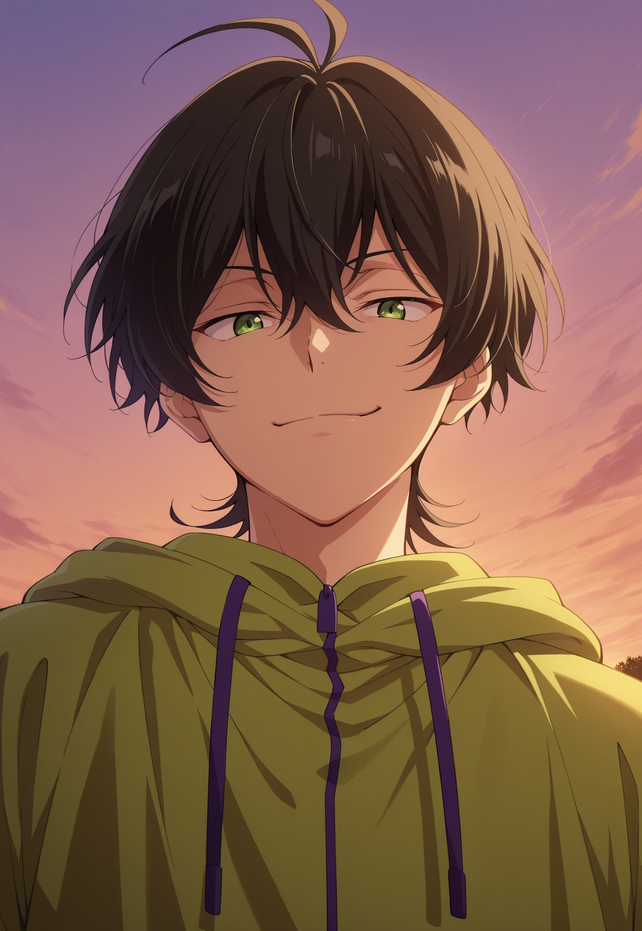 masterpiece,best quality,amazing quality, detailed details, shaded, detailed shading, detailed skin, shaded skin, realistic shading, countershading:1.1, outdoors, evening, low angle view, close-up, 1boy, solo, miya_(sk8), Miya Chinen, black hair, green eyes, casual clothes, green hoodie, looking at viewer, smirk