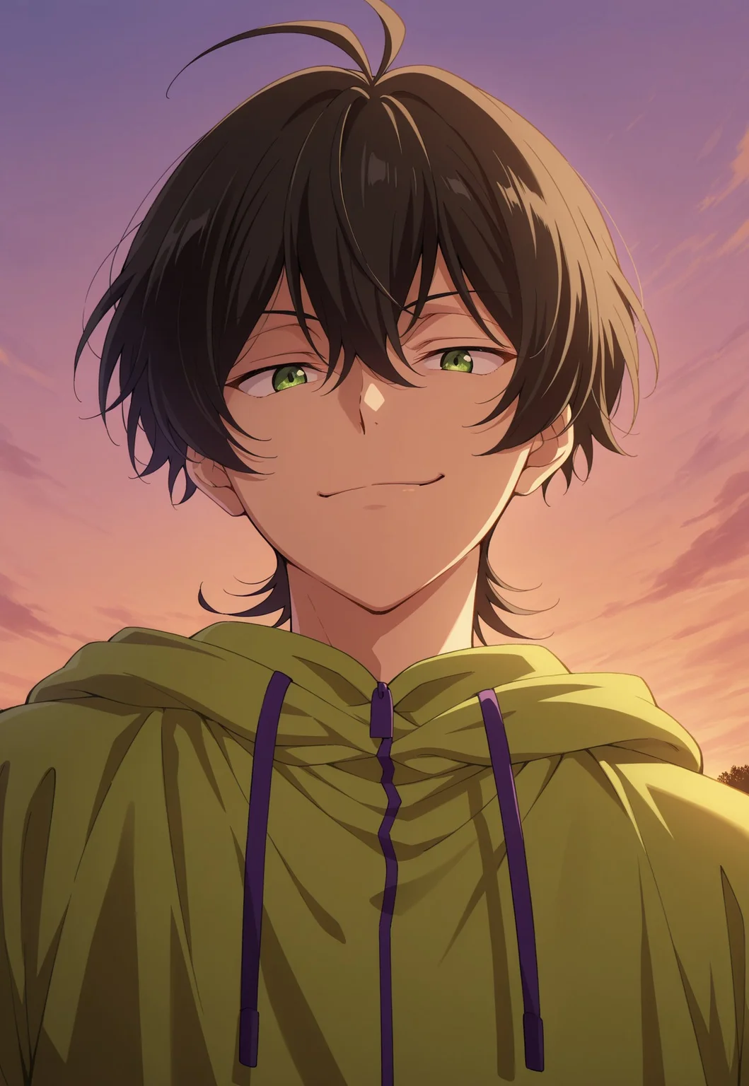 masterpiece,best quality,amazing quality, detailed details, shaded, detailed shading, detailed skin, shaded skin, realistic shading, countershading:1.1, outdoors, evening, low angle view, close-up, 1boy, solo, miya_(sk8), Miya Chinen, black hair, green eyes, casual clothes, green hoodie, looking at viewer, smirk