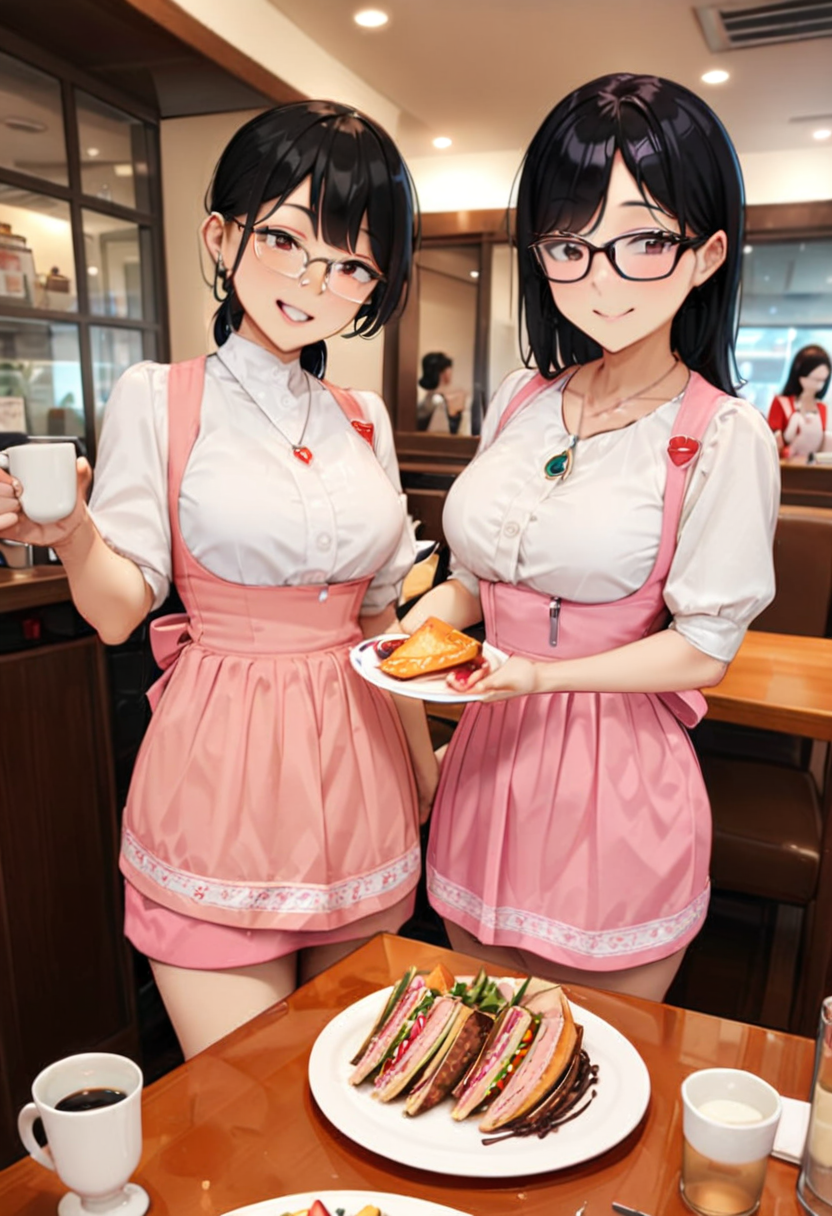 masterpiece, best quality, very aesthetic, absurdres,
AMTS, AMSC, unifrom, waitress, 1girl, glasses,  jewelry, necklace, black hair, smile, pink skirt, pink apron, 
indoors, cup, plate, multiple girls, table,  
<lora:AMSC_SDXL_V3:0.8>