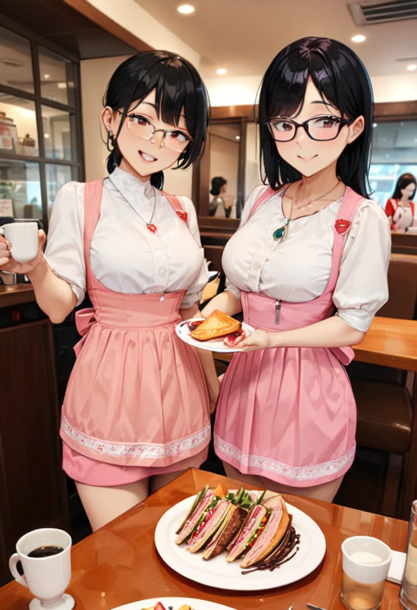 masterpiece, best quality, very aesthetic, absurdres,
AMTS, AMSC, unifrom, waitress, 1girl, glasses,  jewelry, necklace, black hair, smile, pink skirt, pink apron, 
indoors, cup, plate, multiple girls, table,  
<lora:AMSC_SDXL_V3:0.8>