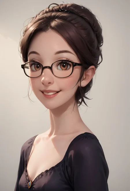 SFW, ((Disney style)), rating_all, score_10, score_8_up, score_7_up, beautiful, realistic, detailed, perfect, quality, vector, flat colors, masterpiece, solo, 1female, n3rd, glasses, brown eyes, brown hair, small breasts, princess dress, black princess dress, smile, close-up