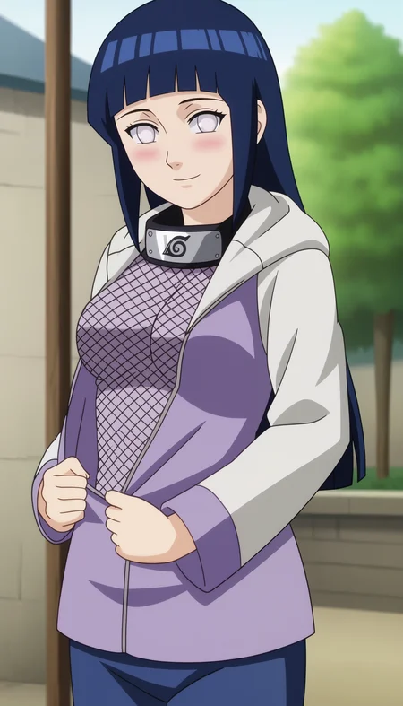 outdoors, 
 <lora:HinataSDXL:0.8>,
1girl, long hair, dark blue hair, blunt bangs, white eyes, no pupils, forehead protector, long sleeves, konohagakure symbol, hood down, looking at viewer, blue pants, breasts, smile,blush,fishnets,cowboy shot,   ,solo,
standing,open jacket, fishnet top, undressing, 
anime screencap, anime coloring,