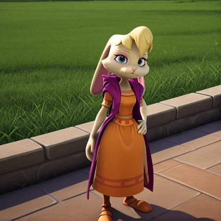 (masterpiece), (best quality), (ultra-detailed), amazing quality, very aesthetic, illustration, perfect composition, intricate details, absurdres, incredibly absurdres, <lora:biancaspyro_illustrious:1>, 3d, 3d model, biancarabbit, 1girl, solo, looking at viewer, standing, full body, outdoors, hood, hand on hip, eyelashes, grass, furry, rabbit girl, furry female, eyeshadow, blonde hair, blue eyes, rabbit ears, yellow fur, orange dress, short sleeves, open jacket, hood down,