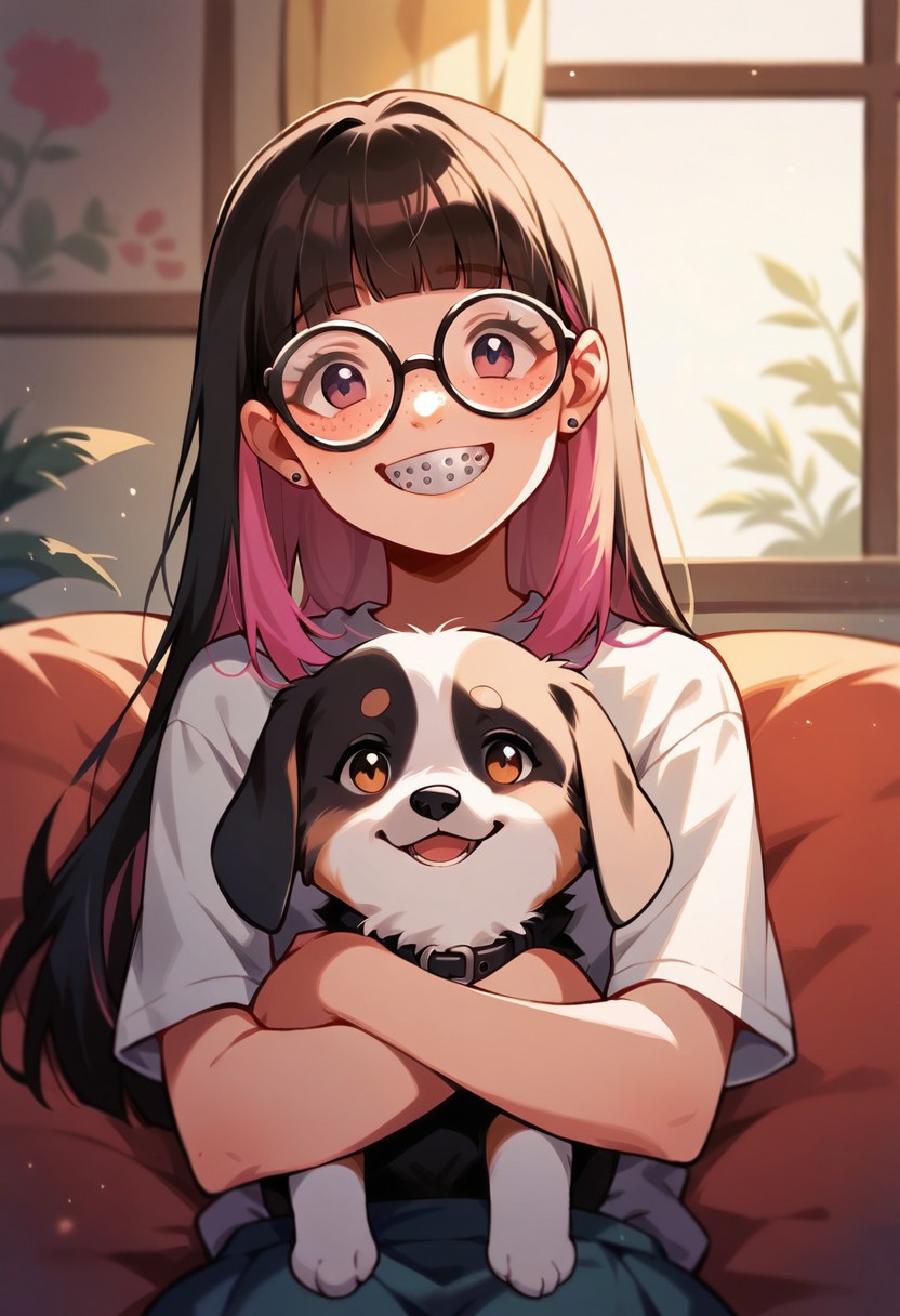 score_9, score_8_up, score_7_up, score_6_up,  <lora:p3tl0v3XLP:1> p3tl0v3, 1girl, 22yo, multicolored pastel hair, hime cut, thick glasses, freckles, braces, cute smile, pet beagle, kawaii, cute, living room