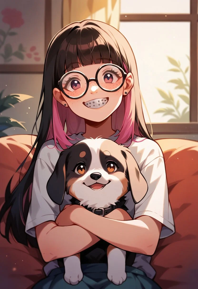 score_9, score_8_up, score_7_up, score_6_up, <lora:p3tl0v3XLP:1> p3tl0v3, 1girl, 22yo, multicolored pastel hair, hime cut, thick glasses, freckles, braces, cute smile, pet beagle, kawaii, cute, living room