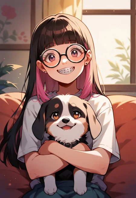 score_9, score_8_up, score_7_up, score_6_up,  <lora:p3tl0v3XLP:1> p3tl0v3, 1girl, 22yo, multicolored pastel hair, hime cut, thick glasses, freckles, braces, cute smile, pet beagle, kawaii, cute, living room