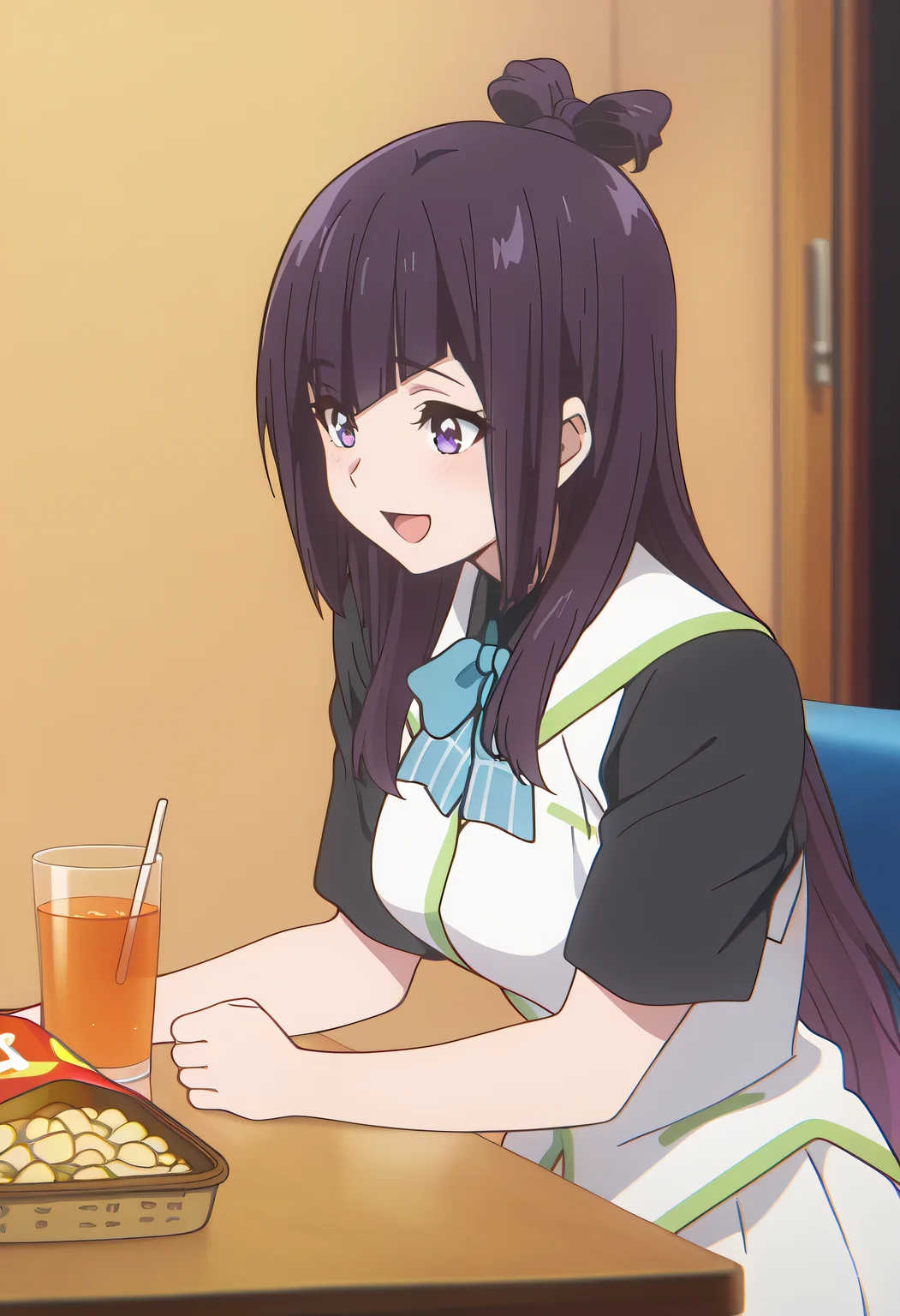 masterpiece, best quality, amazing quality, very aesthetic, absurdres,
1girl, solo, Beach Angels A, long hair, multicolored hair, gradient hair, black hair, purple hair, hair knot, purple eyes,
school uniform, black shirt, white vest, short sleeves, blue bowtie, white skirt, pleated skirt, frilled skirt,
at Karaoke room, playing Maraca, Maraca, :D, sit, table, snack on table, 3 glass of juices,
anime coloring,
kyoto animation,