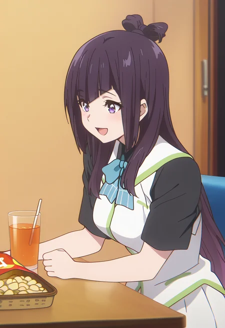 masterpiece, best quality, amazing quality, very aesthetic, absurdres,
1girl, solo, Beach Angels A, long hair, multicolored hair, gradient hair, black hair, purple hair, hair knot, purple eyes,
school uniform, black shirt, white vest, short sleeves, blue bowtie, white skirt, pleated skirt, frilled skirt,
at Karaoke room, playing Maraca, Maraca, :D, sit, table, snack on table, 3 glass of juices,
anime coloring,
kyoto animation,