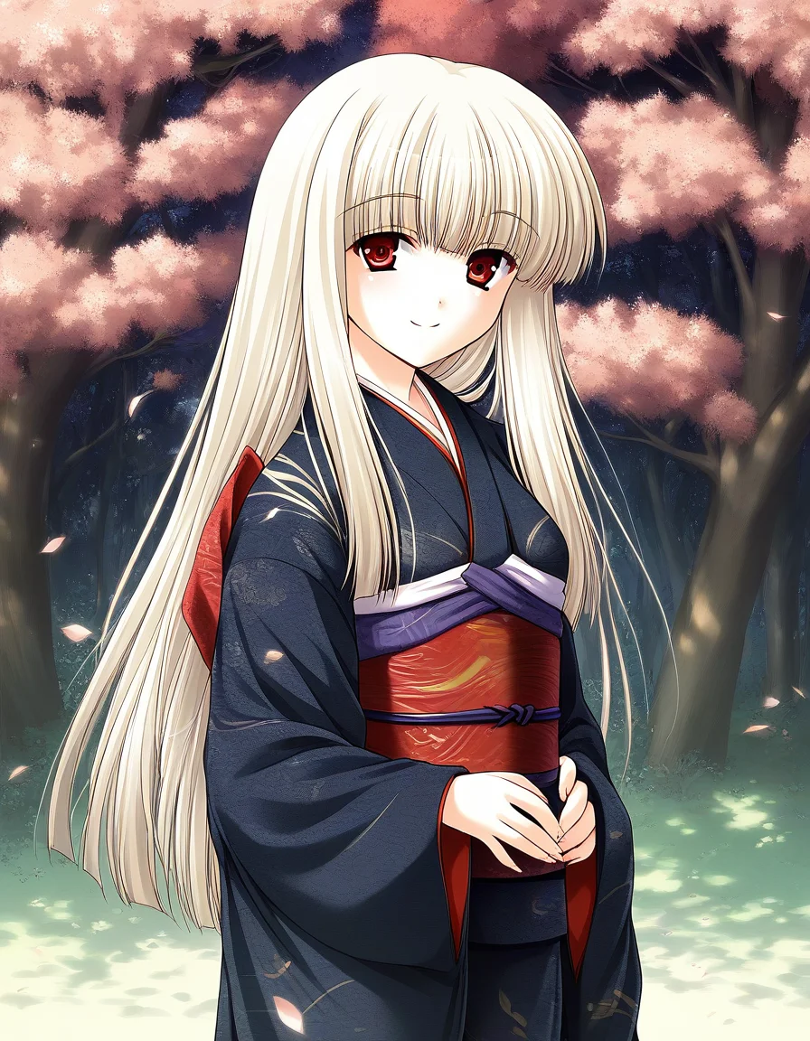score_9, score_8_up, score_7_up, source_anime, rating_explicit, BREAK   <lora:Rindou_Ver2.0_XL:1> Rindou, solo, red eyes, long hair, white hair, blonde hair, albino,
 japanese clothes,  black kimono, outdoors, sash, obi, day,  long sleeves, nature, tree, brown eyes
light_smile,
looking at viewer, 
cowboy_Shot,