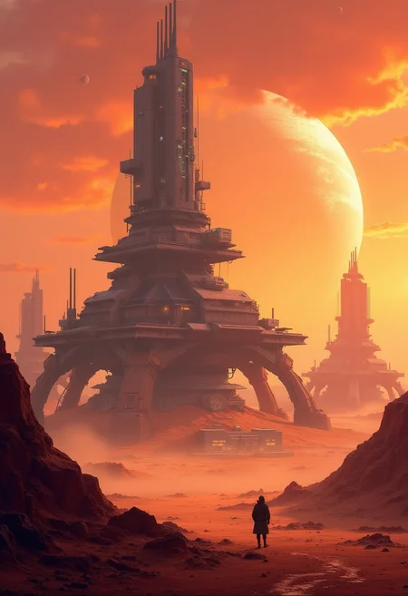 A digital painting in the style of ck-js, a planetary science exploration baseon an arid and dusty landscape, featuring a central control tower, plus numerous armoured turrets with large guns, and smaller research laboratory buildings and living quearters. Sunset, vivid sky