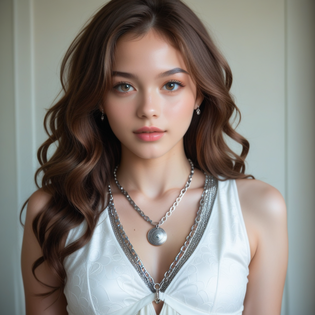 light skin tone, wearing a white sleeveless top, centered in frame, (accessories:1.1), natural light, looking directly at viewer, medium shot, (facial features:1.2), warm tone colors, Young woman (ethnicity:1.0), (body type:1.0), INESATHORNS, (pose:1.1), wavy brown hair, portrait, 8k resolution., (expression:1.1), high detail, photorealistic style, (detailed clothing:1.1), a silver chain with a dark-colored pendant (detailed pendant design:1.2)