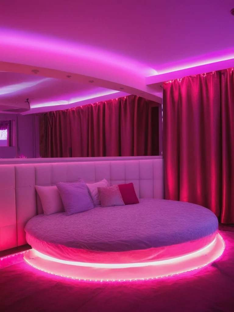 <lora:JJsLoveHotel_XL:1>, ((Love Hotel)) ,realistic, best quality, masterpiece , ((soft lighting)), heart, silk, reflection,night, mirror, window, curtains, ((a romantic scene)) ,RAW photo, (high detailed), dslr, high quality, (ultra realistic), Fujifilm XT3, ceiling light, dramatic lighting,shape of heart, neon light,bed, lightbulb, curvy ceiling, transparent curtain, pink light, circular bed, kiss,