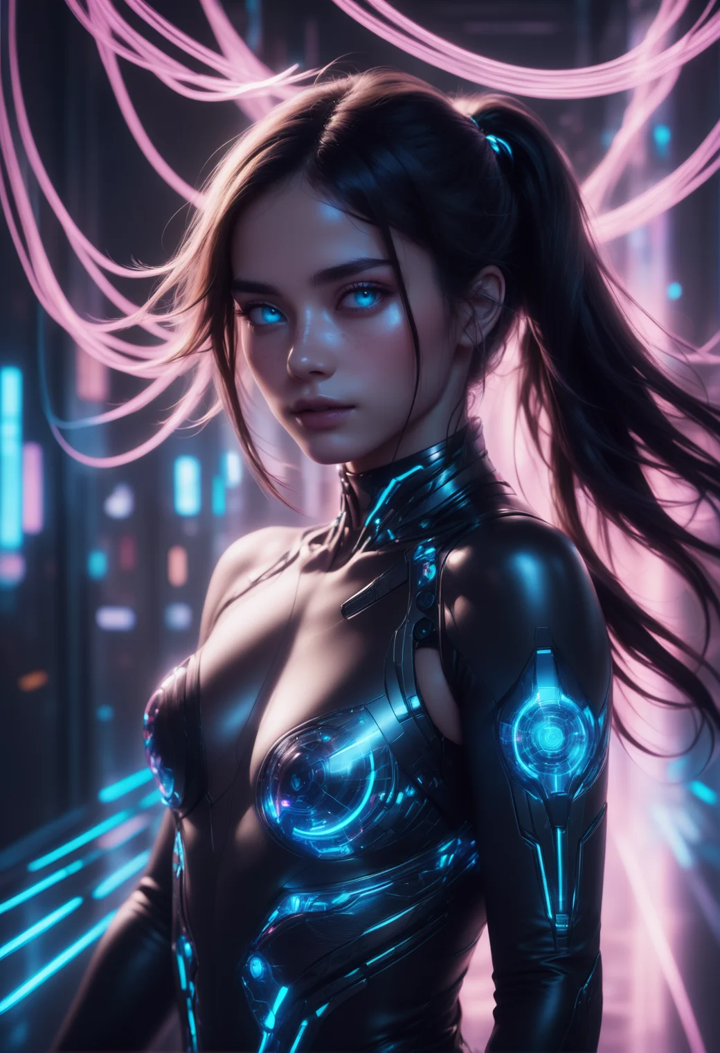 masterpiece, high quality, anime style, 2d, running, heijzel is a cyborg made of Jed-CyFut<lora:CyberFuturisticStyle:0.7> , black choker,medium teardrop breasts,, Heijzel <lora:HeijzelSDXL-000005:0.95>,, Heijzel is a cyborg, created to arouse lust and desire in the other person, her body is well formed, her suit is connected to her body, cables protrude from her bodysuit to the technical devices in the background, the cables are charged with neon light and fill the woman with energy, many cables merge in the most harmonious way of caos in a symbiosis with the background, a sci-fi scenery created to captivate the viewer, Heijzel is pure seduction, <lora:SDXLFaeTastic2400:0.4>,, She storms towards the viewer, massive speed, focus on the face