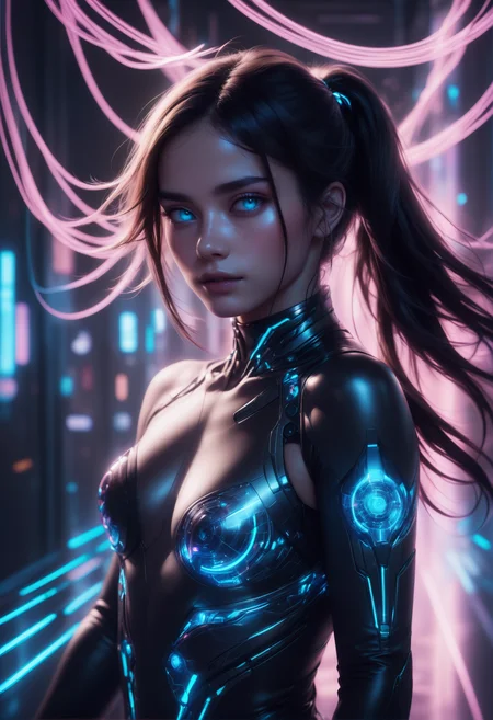 masterpiece, high quality, anime style, 2d, running, heijzel is a cyborg made of Jed-CyFut<lora:CyberFuturisticStyle:0.7> , black choker,medium teardrop breasts,, Heijzel <lora:HeijzelSDXL-000005:0.95>,, Heijzel is a cyborg, created to arouse lust and desire in the other person, her body is well formed, her suit is connected to her body, cables protrude from her bodysuit to the technical devices in the background, the cables are charged with neon light and fill the woman with energy, many cables merge in the most harmonious way of caos in a symbiosis with the background, a sci-fi scenery created to captivate the viewer, Heijzel is pure seduction, <lora:SDXLFaeTastic2400:0.4>,, She storms towards the viewer, massive speed, focus on the face