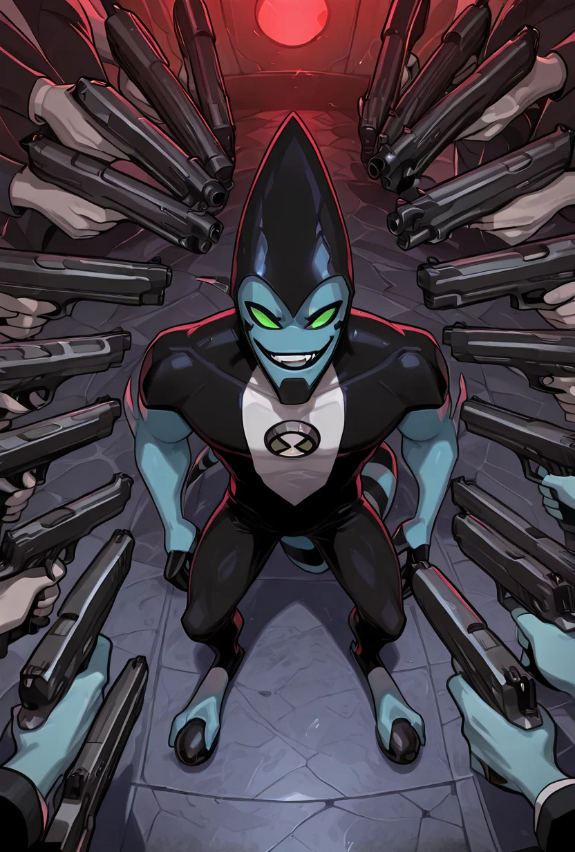 <lora:xlr8-08:1> xlr8, solo, green eyes, blue skin, black lips, stripped tail, 1boy, black mouth strip,, detailed background, black claws, <lora:Gun_surround:1> surrounded_by_guns, gun, weapon, smiling, smug face,, masterpiece, best quality, amazing quality, very aesthetic, absurdres, newest,