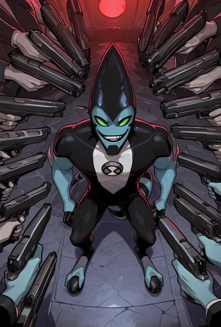 <lora:xlr8-08:1> xlr8, solo, green eyes, blue skin, black lips, stripped tail, 1boy, black mouth strip,, detailed background, black claws,       <lora:Gun_surround:1> surrounded_by_guns, gun, weapon, smiling, smug face,, masterpiece, best quality, amazing quality, very aesthetic, absurdres, newest,