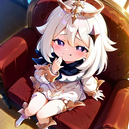 1girl, solo, best quality, masterpiece, pointy ears, flat chest, volumetric lighting, shortstack. white dress, puffy sleeves, white hair, purple eyes, floating crown, Paimon_(Genshin_Impact), mesugaki, blush, sitting, (from above), smug, hand to mouth, <lora:NTR_MIX_4.0_LORA:0.5>