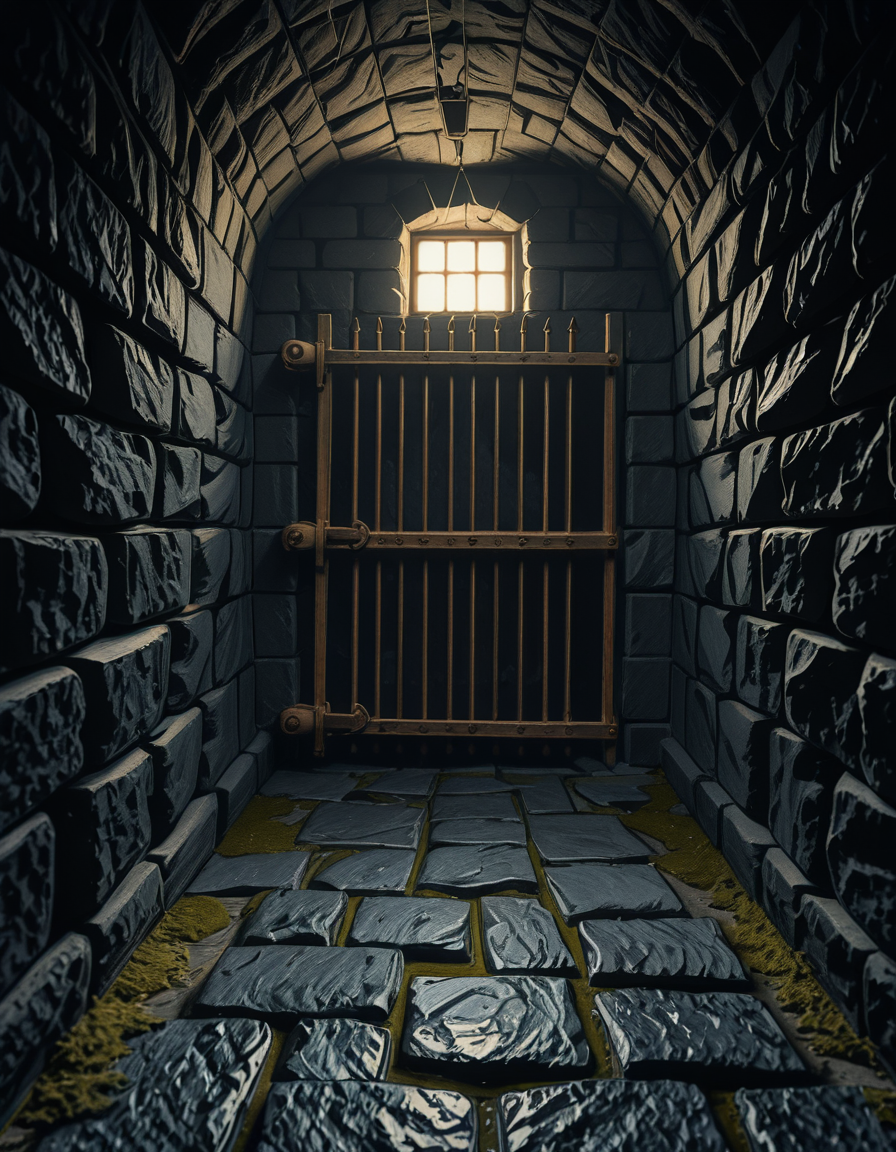 A highly detailed, hyper-realistic photograph of a dark medieval dungeon prison cell. The scene is dimly lit by a single flickering torch mounted on a damp stone wall, casting eerie shadows across the rough, moss-covered stones. Heavy, rusted iron bars form the cell door, slightly ajar, with visible corrosion and ancient padlocks. Inside the cell, there is a straw-covered floor, old wooden buckets, and a crude, splintered wooden bench against the back wall. Chains and manacles hang loosely from the walls, showing signs of long-term use. The atmosphere is cold, humid, and oppressive, with faint light rays piercing through tiny cracks in the stone ceiling. Cobwebs stretch across the corners of the cell, and faint water drips from above, creating small puddles. The overall mood is grim, desolate, and foreboding. Photorealistic style, with high dynamic range (HDR) lighting and extreme attention to textures like rust, moisture, and decay.
<lora:SDXLFaeTastic2400:0.4> <lora:extremely_detailed:0.4> extremely detailed,medieval dungeon pr1s0n c3ll <lora:medieval_dungeon_pr1s0n_c3ll-i:1>, Masterpiece,best quality,hi res,8k,hi res,8k,award winning,(sharp focus, intricate, highly detailed),