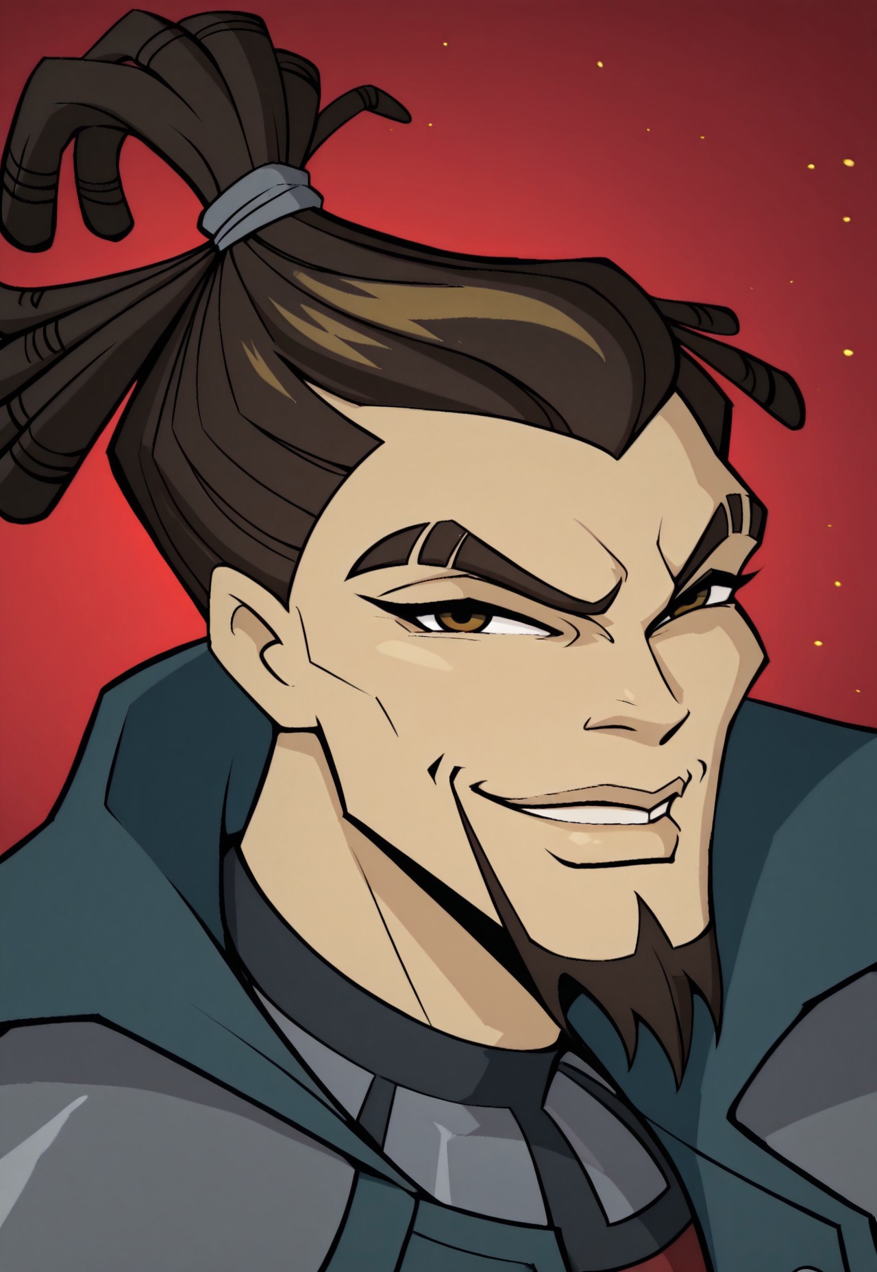 solo, masterpiece, modern, new, 1boy, male, masculine face, daddy looking face, w0lfc0nf

WinxAnagan, brown hair, dreadlocks, facial hair, coat, red shirt, portrait, headshot, looking at viewer, smiling