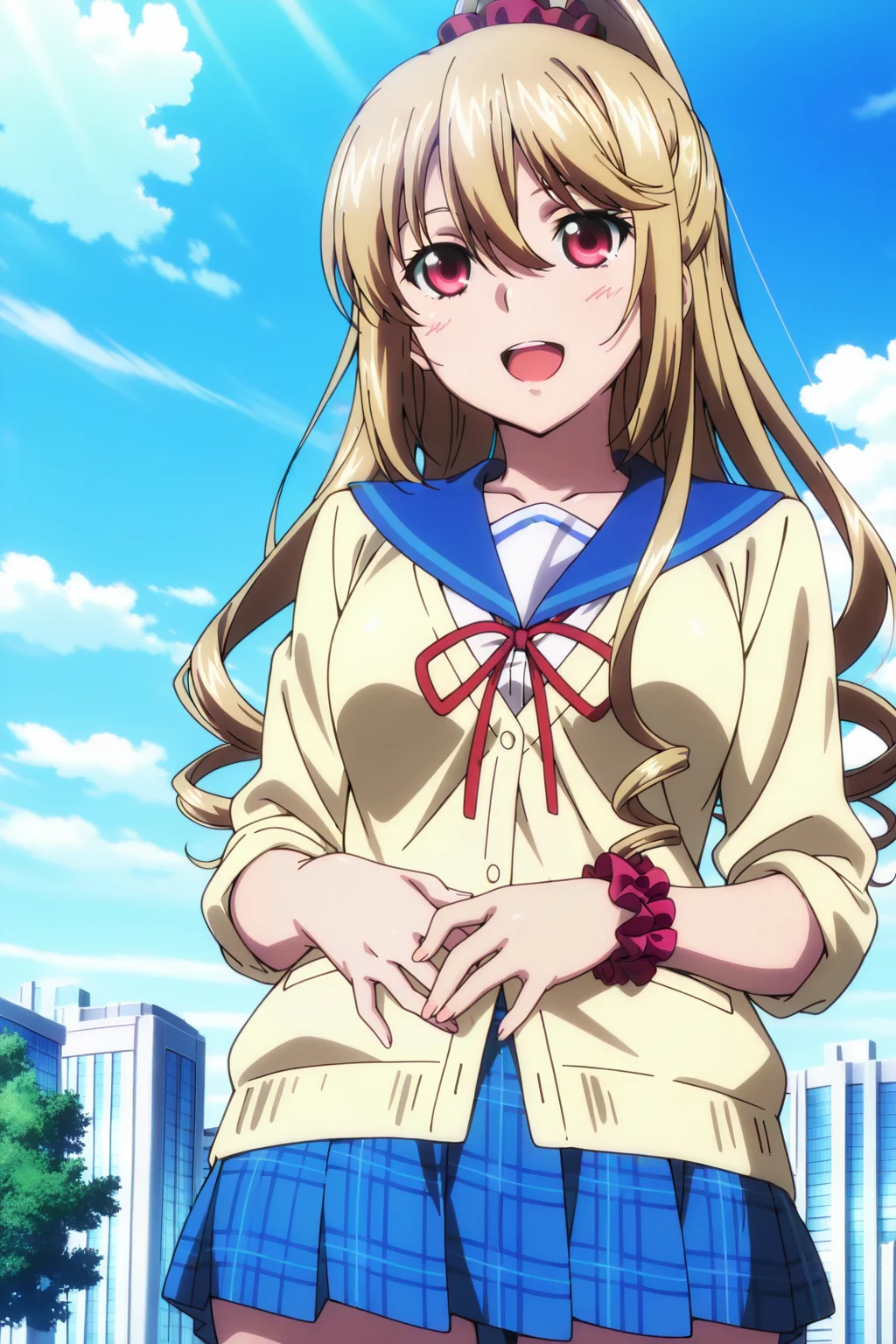 anime screenshot, strike the blood, 1girl, solo, aiba asagi, blonde hair, long hair, drill hair, ponytail, high ponytail, hair scrunchie, red scrunchie, red eyes, medium breasts, school uniform, serafuku, blue sailor collar, yellow cardigan, white shirt, neck ribbon, red ribbon, long sleeves, sleeves rolled up, blue skirt, pleated skirt, plaid skirt, wrist scrunchie, looking at viewer, smile, open mouth, hands on own stomach, cowboy shot, outdoors, city, day, blue sky, masterpiece, best quality, high quality, highres, absurdres, <lora:aiba_asagi_ILXL:0.9>