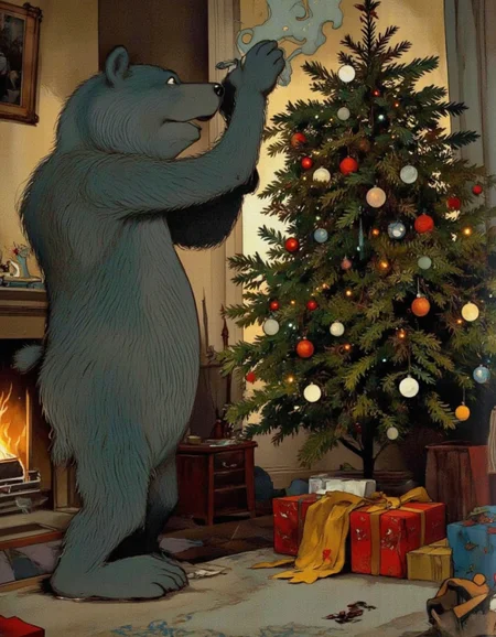<lora:chzcat:1>, A cheerful cartoon bear decorating a Christmas tree in a festive living room. The bear is standing on tiptoes, placing ornaments on the tree with excitement, surrounded by twinkling lights and wrapped gifts underneath the tree.