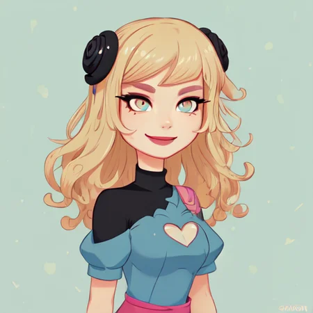 female, age 25, longblond wavy hair, wild hair, high cheek bones, round face, cute, highly detailed, sharp focus, stunningly beautiful, looking at camera, smile, sultry look, blue skin, black makeup,  Tara McPherson <lora:Tara_McPherson_v1:1>, standing tied to a pole