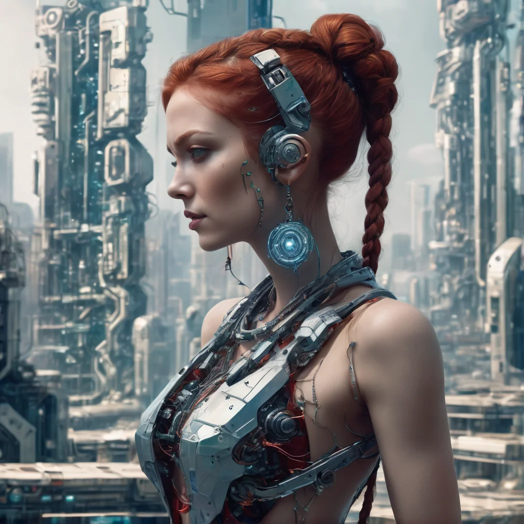 girl, woman, age 32, red hair, braided hair, full body, asymmetrical fashion, wearing loose dress, wearing a crystalline circuit board style pendant, detailed face, realistic, exposed circuitry, android, scifi fantasy scene setting, scifi, cyborg, posing, hydraulic pistons, playful