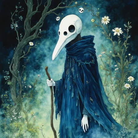 Studio Ghibli Dark Fairytale, The image is an illustration of a person wearing a blue cloak and a white mask with a long beak. The person is standing in a garden with green foliage and white flowers. The background is a dark blue-green color with hints of green and yellow. The mask has three small skulls on it one on each side of the person's head. The skull on the left is white and the one on the right is black. The figure is holding a staff in their right hand and appears to be walking through the garden. The overall mood of the image is eerie and mysterious., flower, solo, holding, cloak, staff, white flower, skull, robe, holding staff, branch