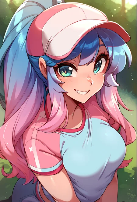 score_9, score_8_up, score_7_up, score_6_up, score_5_up, score_4_up, outdoors BREAK
<lora:merunyaa_style_ponyxl_v1_unet_resized:1> merustyle, 1girl, solo, pink hair, blue hair, gradient hair, long hair, baseball cap, shirt, short, medium breasts, looking at viewer, smile