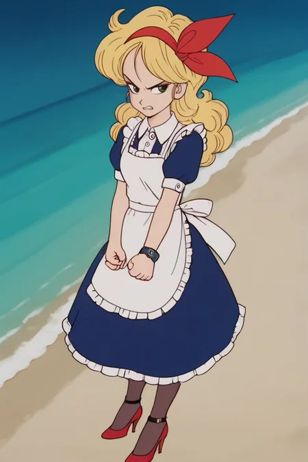 source_anime, score_9, score_8_up, score_7_up, anime screencap,
high quality, launch bad
1girl, solo, apron, long dress, blue dress, pantyhose, high heels, wrist accessory, arm by side, frown, long hair, curly hair, frills, short sleeves, green eyes, blonde hair, day, red hairband, ribbon, white collar, clenched teeth, clenched hands,
outdoors, island, ocean, sand , (from above),
<lora:launch_pony_v1.0:0.8>