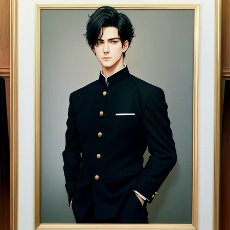 <lora:BIW:0.6>, FH, Masterpiece, best quality, sharp, contrast, realistic drawing, tall black haired man, short hair,

 <lora:Gakuran:0.75>, Gakuran, a man in a black gakuran and pants standing with his arms crossed , man wearing the gakuran, golden buttons