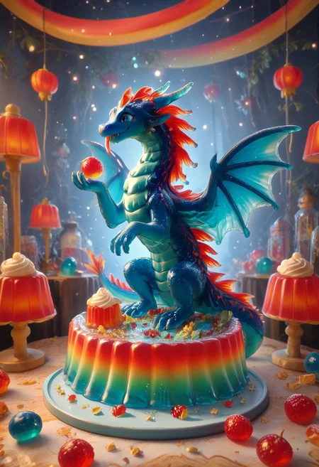 A whimsical close-up shot of a jello figurine dragon, rendered in stunning detail by Andrei Kolkoutine. The camera frames the vibrant blue dragon's face, its big, round eyes and tiny nose creating an adorable expression. Soft, warm lighting highlights the translucent texture of the jello, giving it a jelly-like appearance. In the Inari shr1n3 setting, the dragon sits atop a colorful tablecloth, amidst scattered utensils and food items, adding to the playful atmosphere. The composition is playful, with the dragon's outstretched wings and tiny claws creating a sense of movement. (large festive table, food festival)