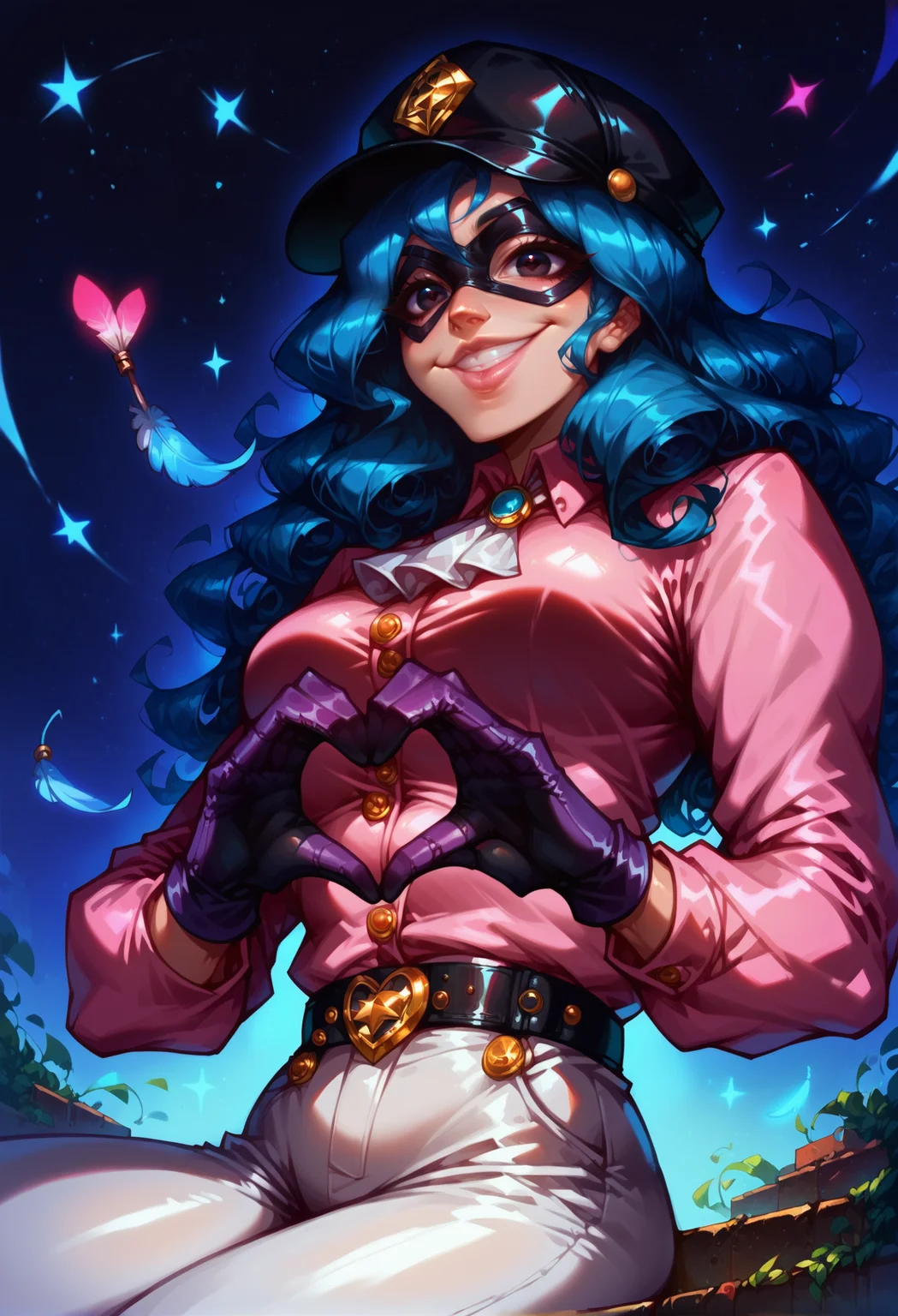score_9, score_8_up, score_7_up,
1girl, belt buckle, black belt, black eyes, black hat, black mask, blue background, blue hair, buttons, collared shirt, domino mask, gloves, grin, hat feather, heart, heart hands, lips, long hair, long sleeves, looking at viewer, masked, medium breasts, parted lips, pink lips, pink shirt, purple gloves, shirt, smile, solo, underbust, wavy hair, white ascot, outdoors, night sky, stars, white pants, sitting,
cowboy shot, from below,
<lora:Vivid_RV2:0.8> <lora:DetailedEyes_V3:1>