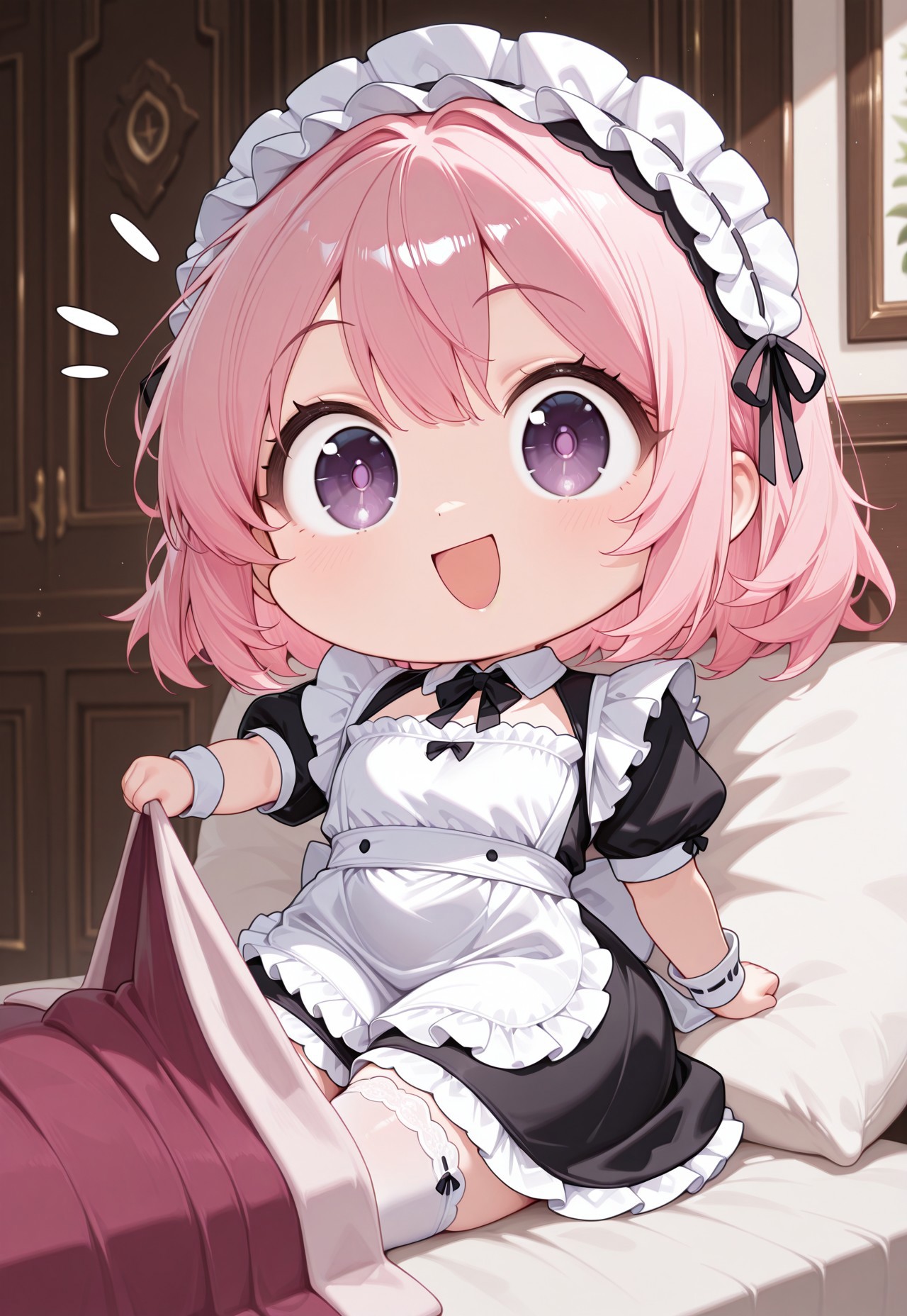 masterwork, masterpiece, best quality, hyper-detailed, 8k uhd, 1girl,solo, CivChan, pink hair, purple eyes, quality: masterpiece, extremely aesthetic, highly detailed, segs, chibi, open mouth, smile, english text, :d, looking at viewer, blanket, pillow, holding, maid,