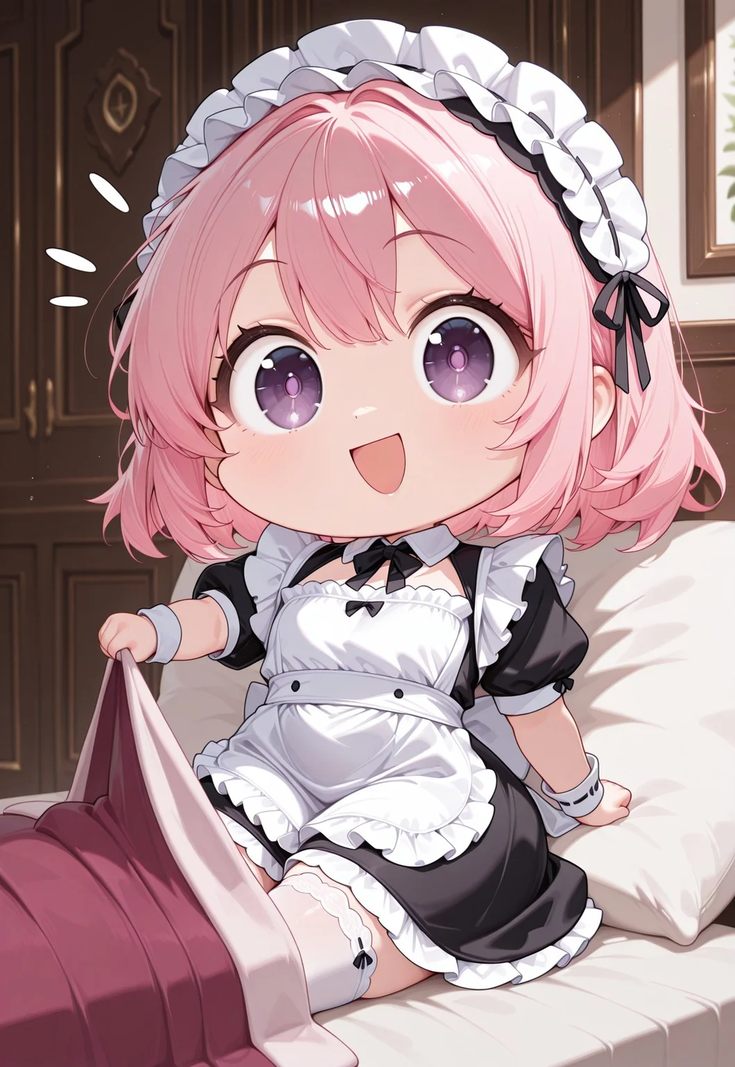 masterwork, masterpiece, best quality, hyper-detailed, 8k uhd, 1girl,solo, CivChan, pink hair, purple eyes, quality: masterpiece, extremely aesthetic, highly detailed, segs, chibi, open mouth, smile, english text, :d, looking at viewer, blanket, pillow, holding, maid,